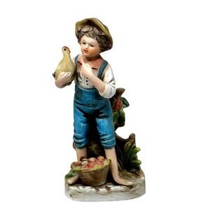 Homco Boy With Hen and Basket of Apples Ceramic Figurine